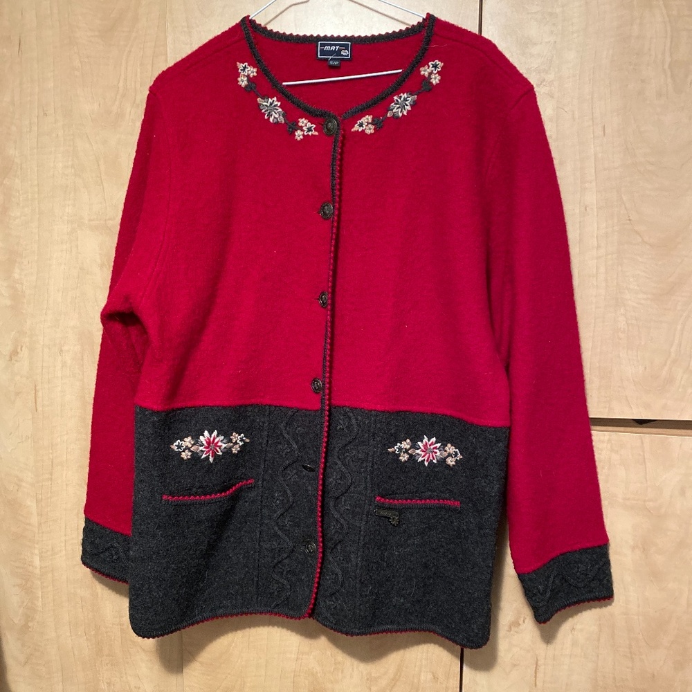 100% Pure Wool Embroidered Red Cardigan Christmas Sweater